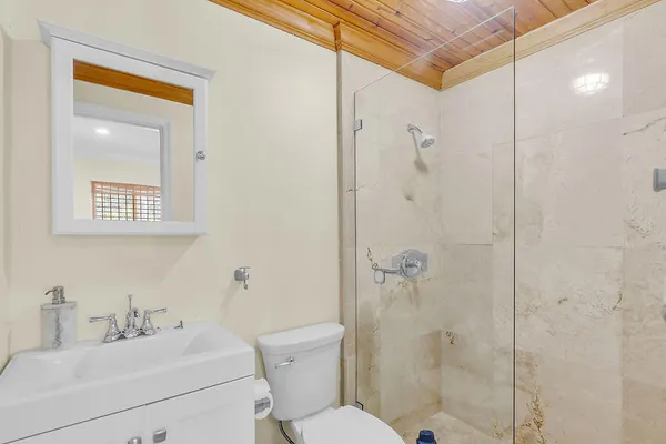 a bathroom with a toilet sink vanity and shower