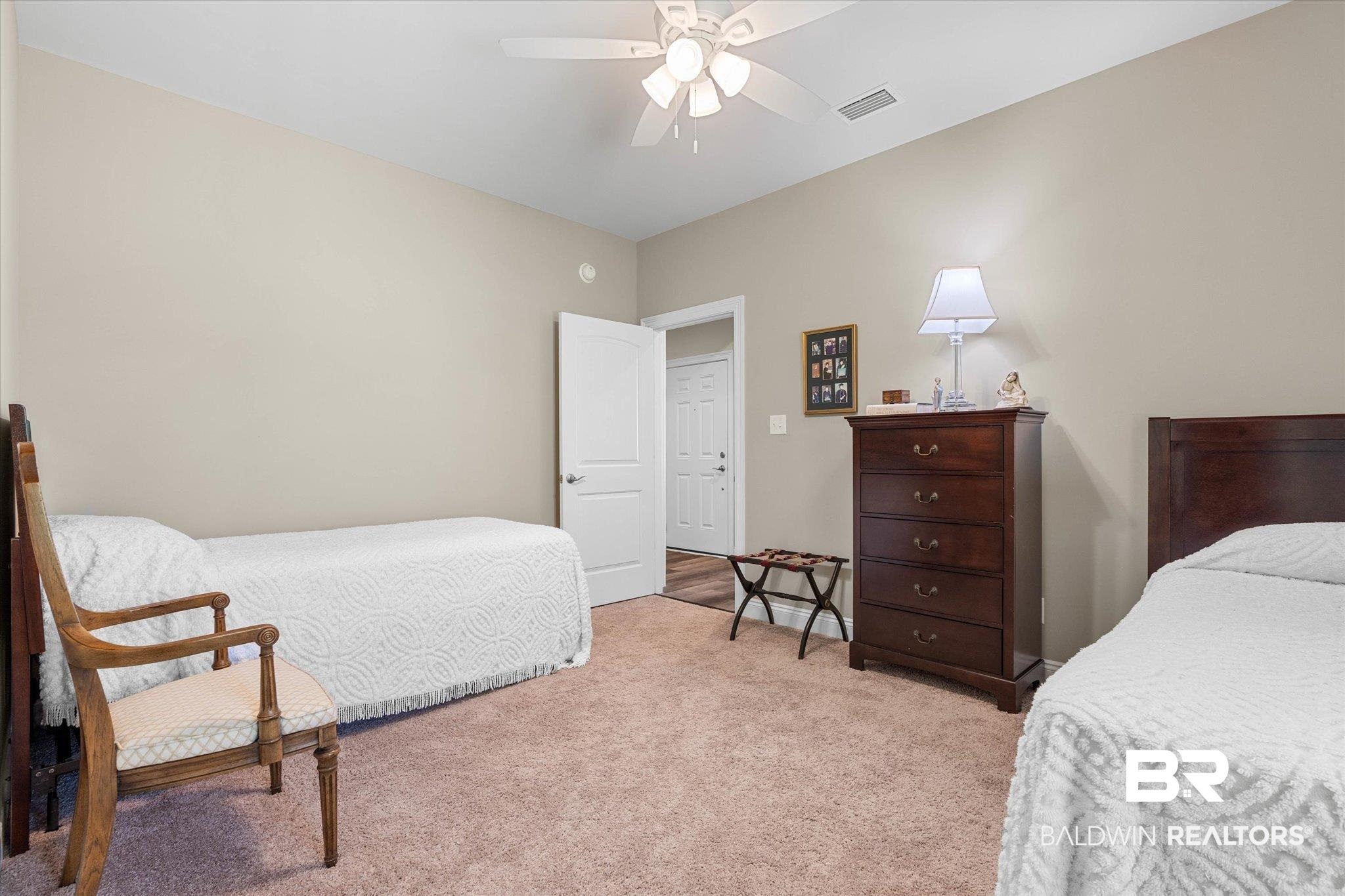 1101 Pinemont Drive Mobile, AL 36609 - Photo 15 of 18 Bedroom featuring ceiling fan, visible vents, and light colored carpet