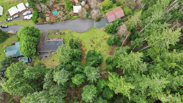 an aerial view of residential house with outdoor space and trees all around