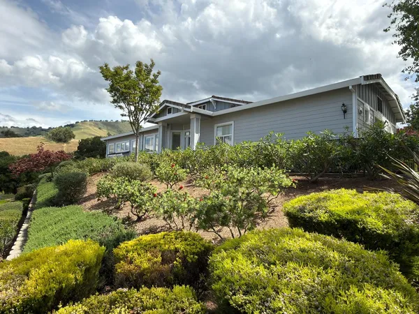 a front view of house with yard and green space