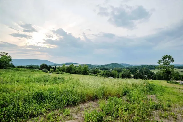 a view of a lake and green valley
