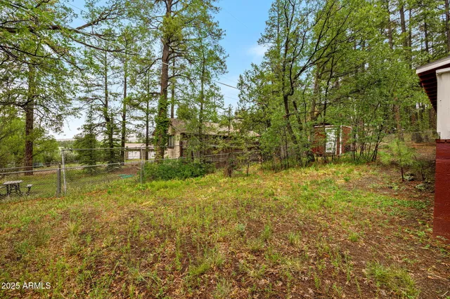 a view of porch with green trees in front