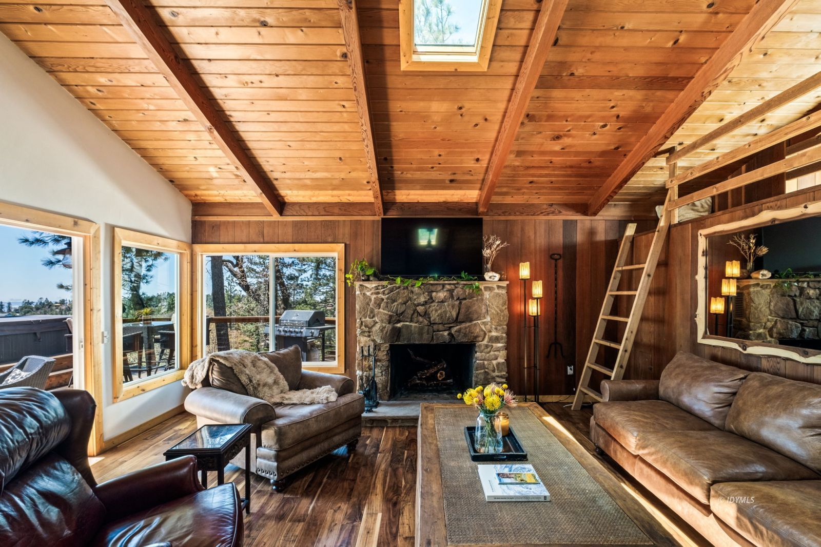 24750 Marion Ridge Drive Idyllwild, CA 92549 - Photo 3 of 45 a living room with fireplace furniture and a large window