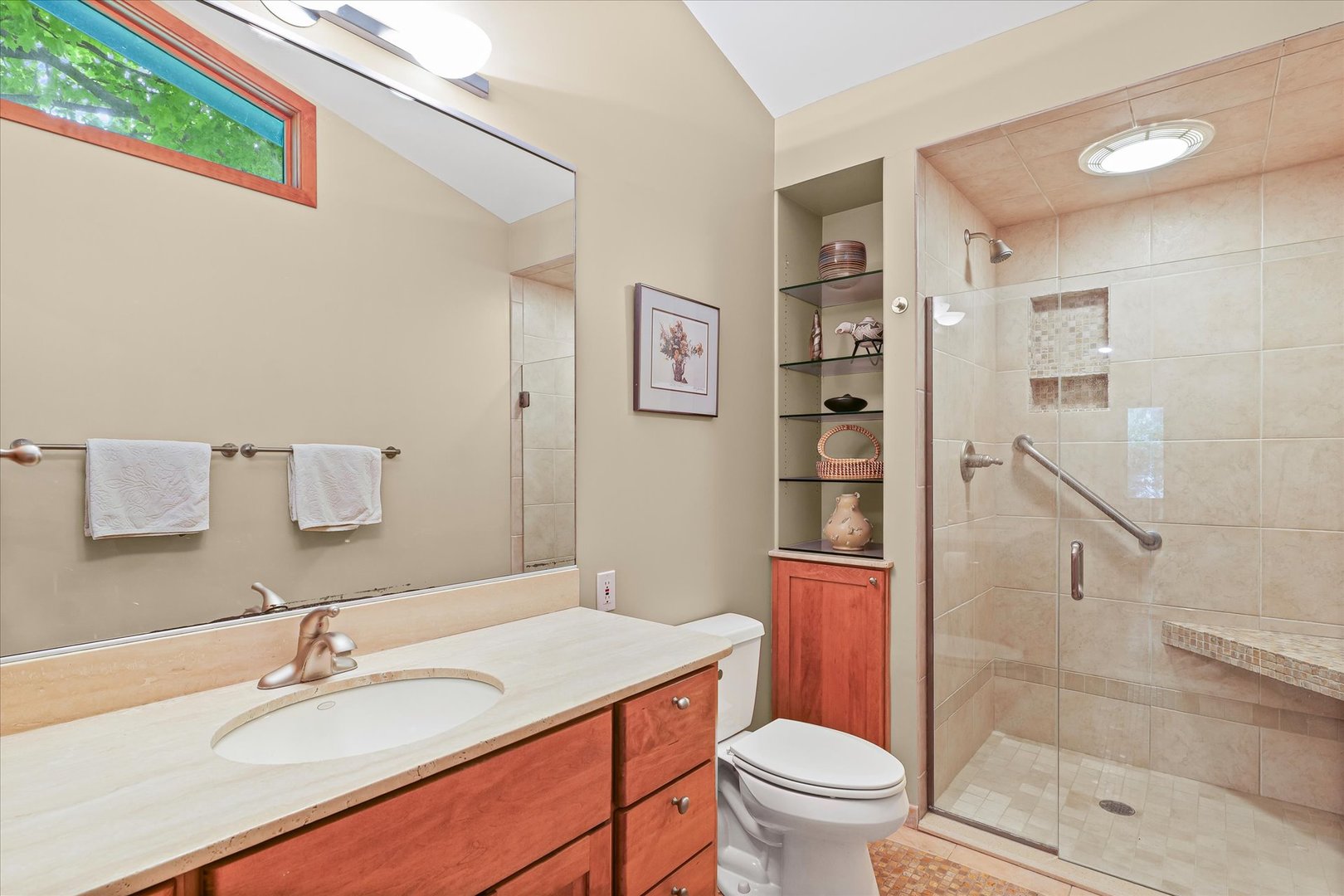 2119 Galen Drive Champaign, IL 61821 - Photo 22 of 39 a bathroom with a granite countertop sink toilet a shower and a mirror