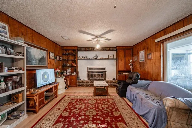 a living room with furniture a rug and a fireplace