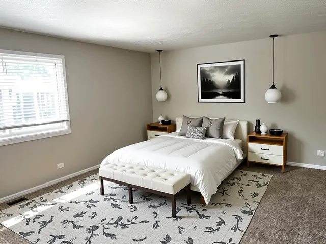 a bedroom with bed and wooden floor