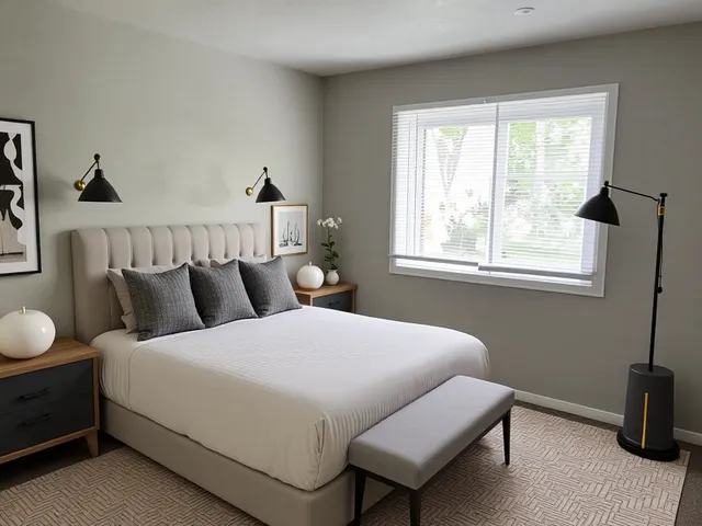 a bedroom with bed and wooden floor
