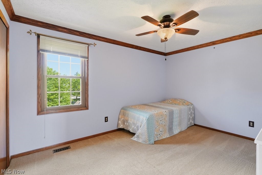 5321 Young Road Stow, OH 44224 - Photo 29 of 37 Room featuring a ceiling fan with integrated lighting, wood trim details, light-colored walls, and carpeting