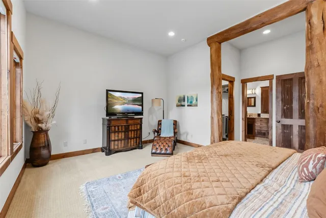 a bedroom with a bed and a television in it