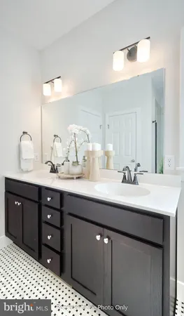 a bathroom with a sink double vanity and a mirror