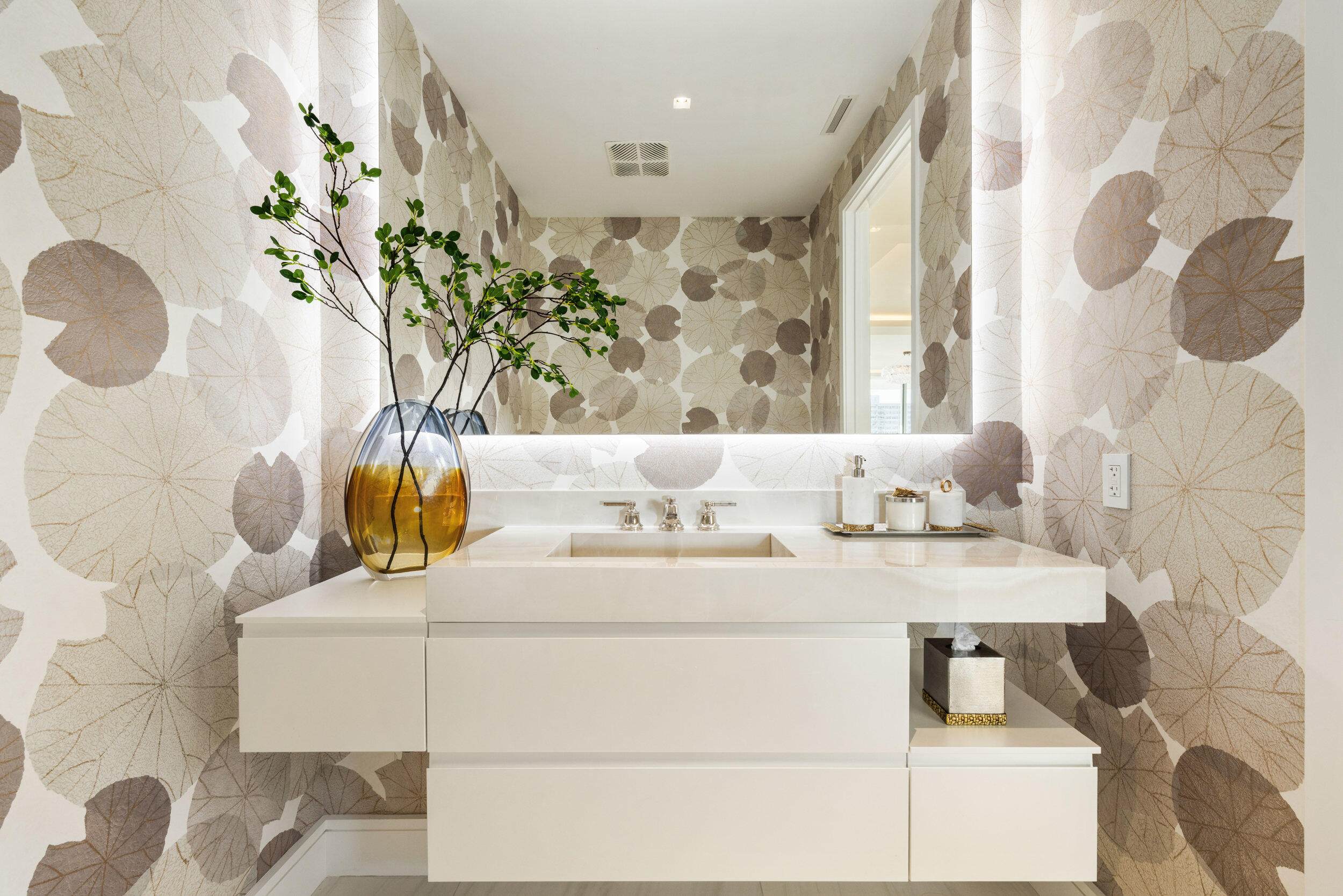 725 South Ocean Boulevard, Unit 402 Boca Raton, FL 33432 - Photo 27 of 41 a bathroom with a granite countertop sink a mirror and a shower