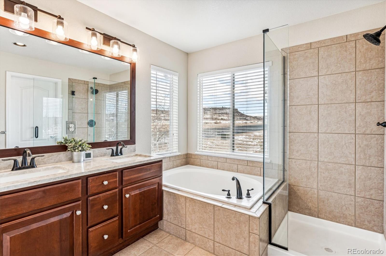 10904 Brooklawn Road Highlands Ranch, CO 80130 - Photo 34 of 50 a bathroom with a granite countertop tub sink and mirror