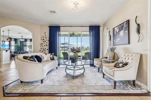 a living room with furniture and a large window