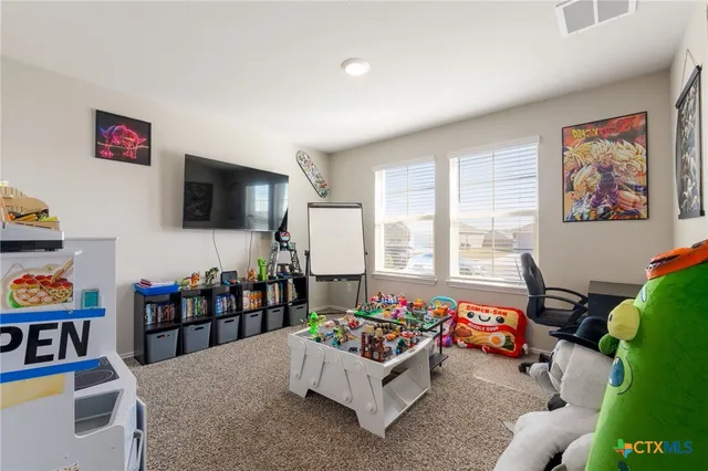 a living room with furniture toys and a flat screen tv