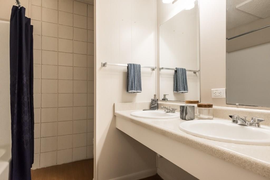 3212 Red River Street, Unit 201 Austin, TX 78705 - Photo 9 of 10 a bathroom with double sink and a mirror