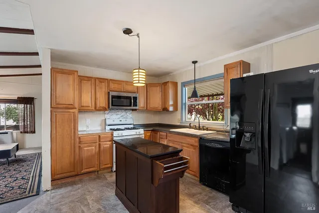 a kitchen with stainless steel appliances granite countertop a refrigerator a sink dishwasher a stove and a dining table with wooden floor