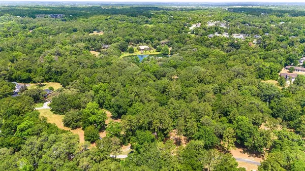 a view of a field with a lush green forest