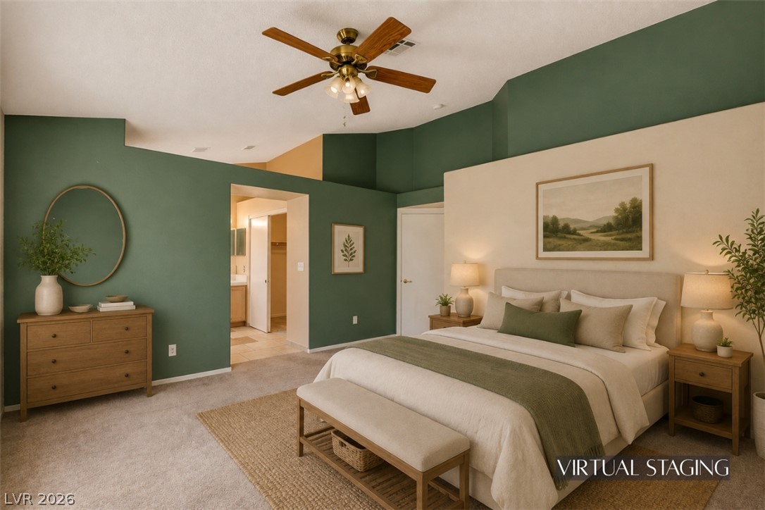 811 Rio Poco Court Henderson, NV 89015 - Photo 3 of 40 High vaulted ceilings and soft carpeting define this comfortable, airy sleeping space.