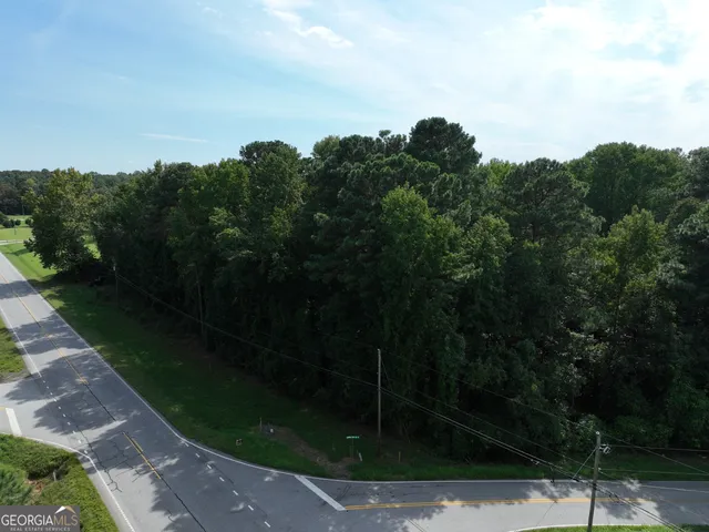 a view of a city with lush green forest