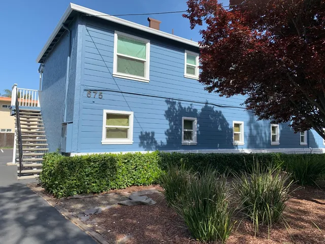 a view of a house with plants and large trees
