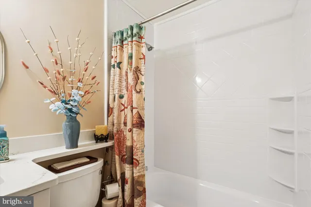 a bathroom with a shower curtain and a sink