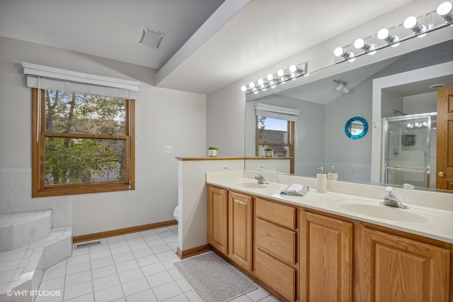 208 South Rush Street Itasca, IL 60143 - Photo 17 of 33 a bathroom with a double vanity sink and a mirror