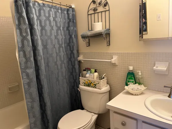 a bathroom with a sink a toilet and shower curtain