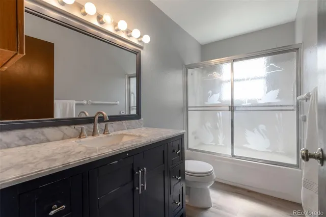 a bathroom with a granite countertop sink a toilet and a mirror