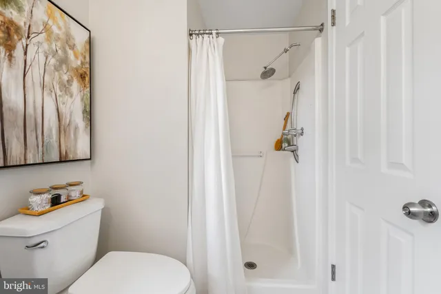 a bathroom with a toilet and a shower curtain