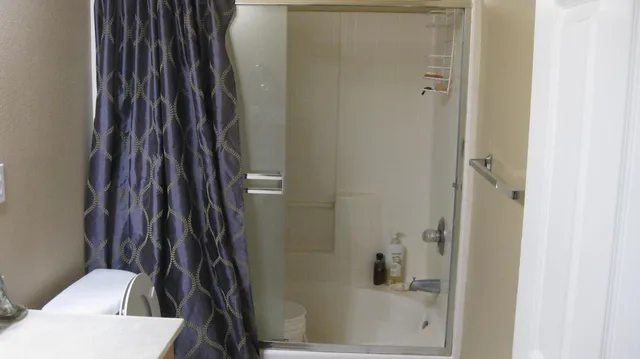 a bathroom with a shower and a toilet