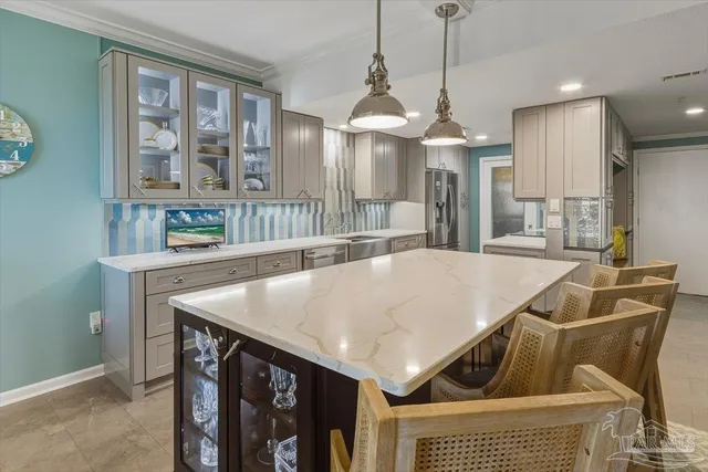a view of a kitchen area with furniture and a chandelier