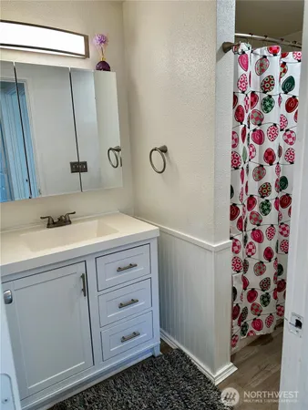 a bathroom with a sink and a mirror