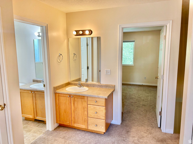 334 West Rodeo Lane South Logan, UT 84321 - Photo 9 of 12 Vanity area featuring a light wood-finish cabinet with drawers and an integrated sink, a large wall-mounted mirror, and a three-light fixture