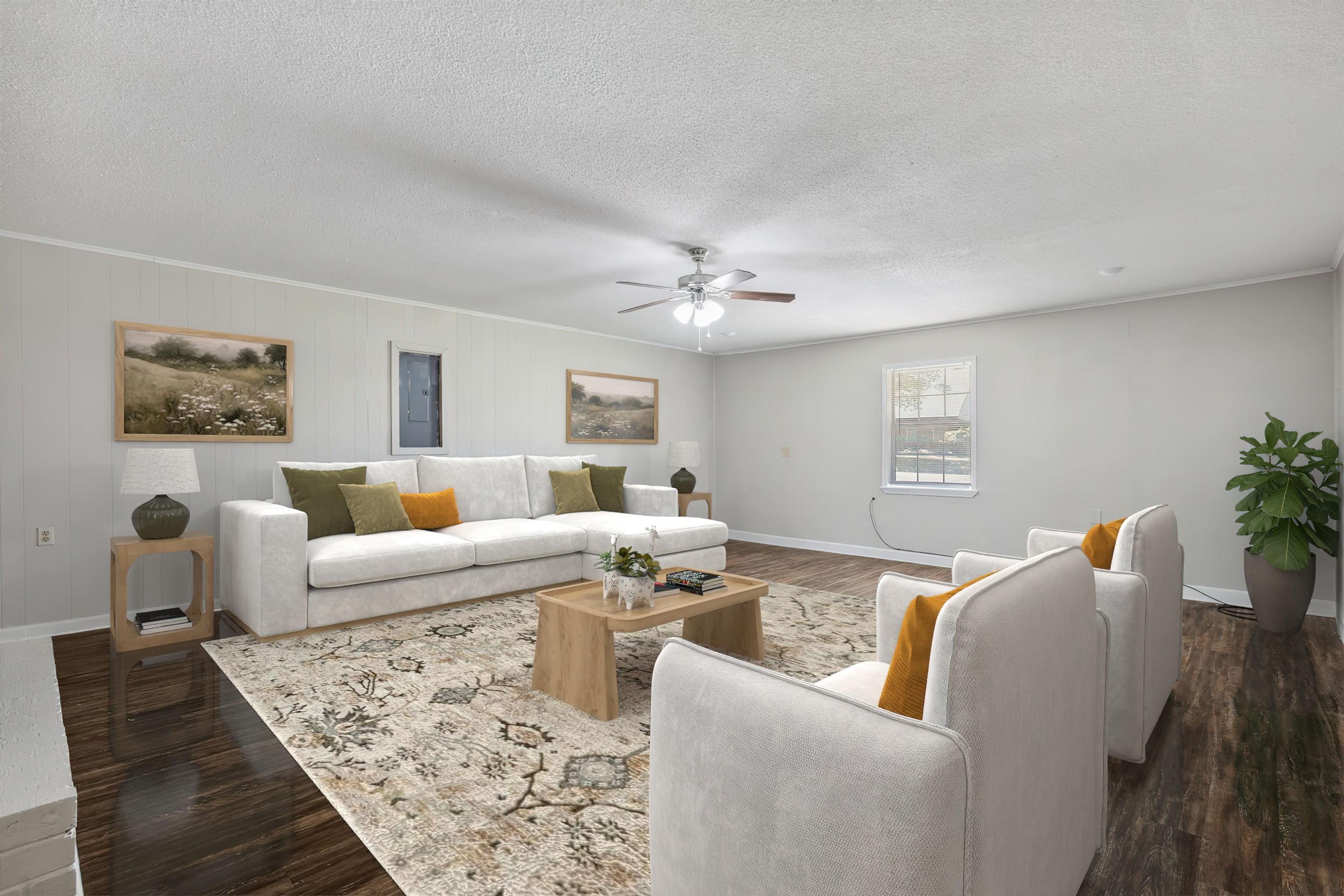 4160 Luther Road Bartlett, TN 38135 - Photo 14 of 28 Living area featuring a textured ceiling, baseboards, wood finished floors, ceiling fan, and ornamental molding