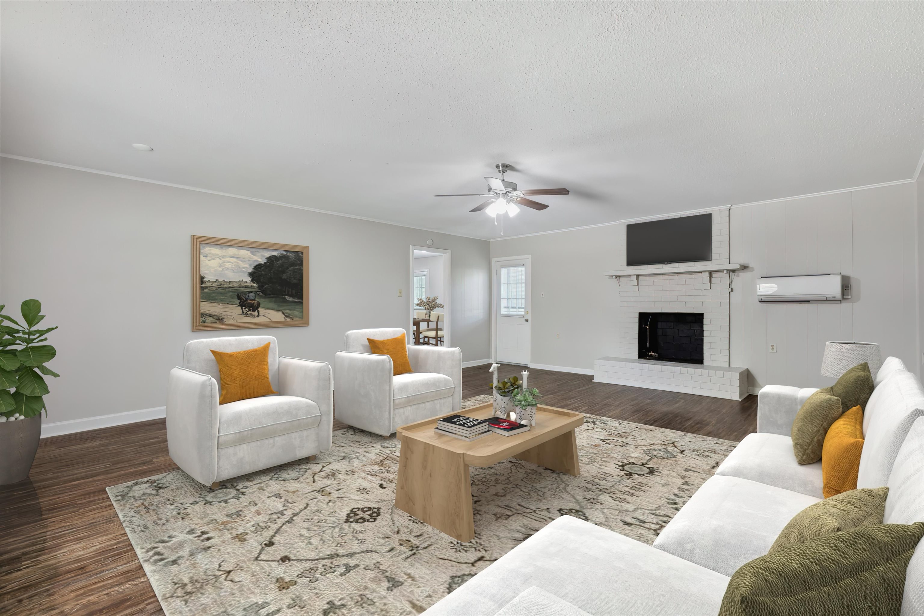 4160 Luther Road Bartlett, TN 38135 - Photo 15 of 28 Living area featuring a wall mounted air conditioner, a ceiling fan, wood finished floors, a fireplace, and baseboards