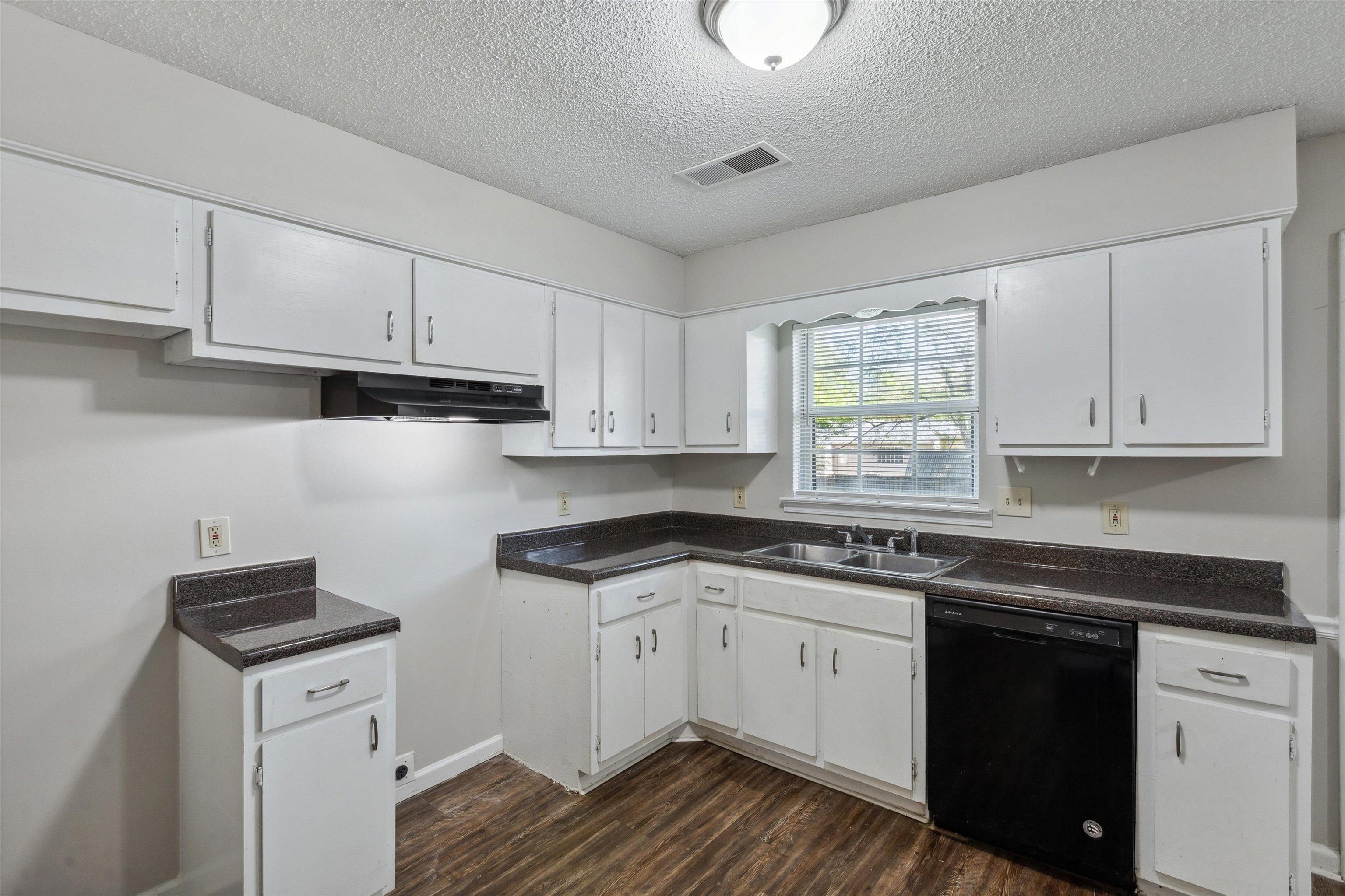 4160 Luther Road Bartlett, TN 38135 - Photo 8 of 28 Kitchen featuring under cabinet range hood, dishwasher, a sink, dark wood-type flooring, and a textured ceiling