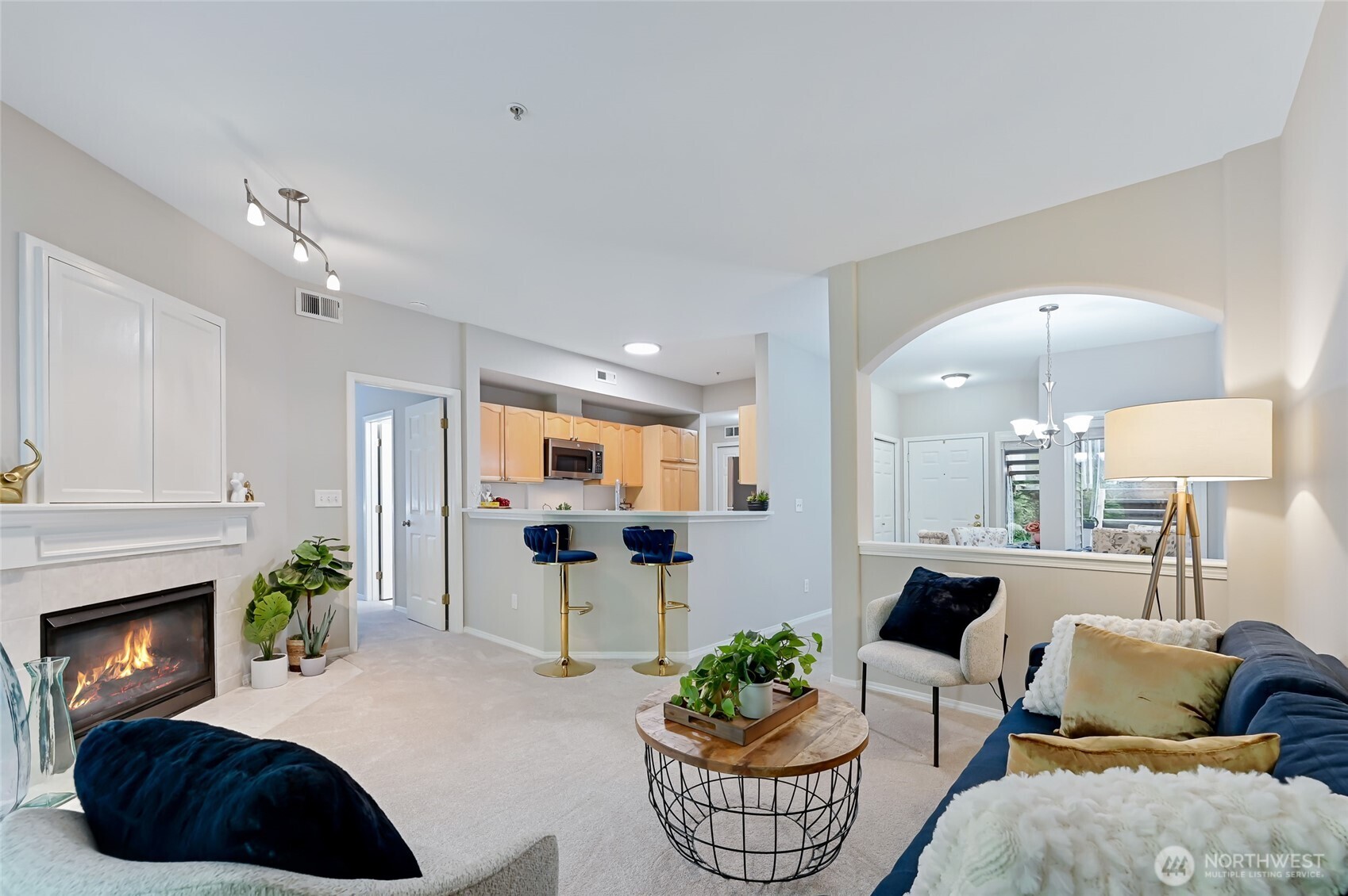 a living room with furniture potted plant and a fireplace