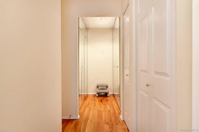 a view of a hallway with wooden floor and a bathroom
