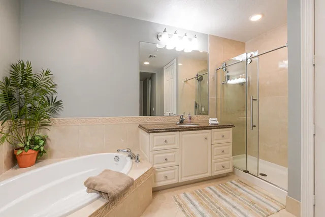 a bathroom with a tub a sink and a large mirror