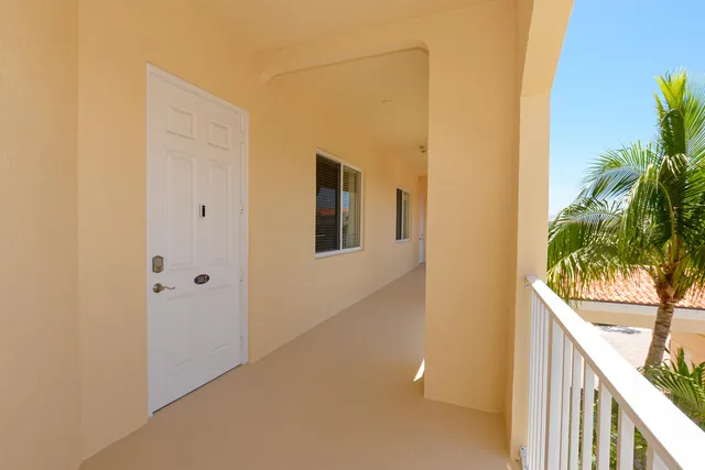 a view of a balcony and palm tree
