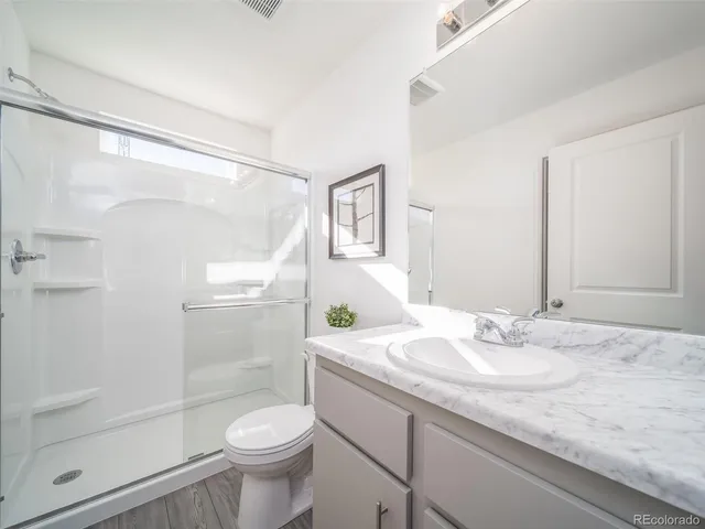 a bathroom with a granite countertop sink toilet and shower