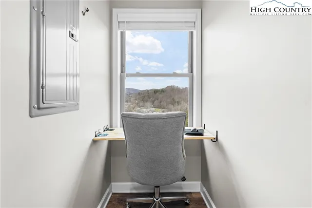 a view of a room with a door