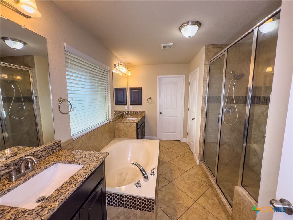 809 Alpino Cibolo, TX 78108 - Photo 21 of 29 a en suite bathroom with a granite countertop sink and a mirror
