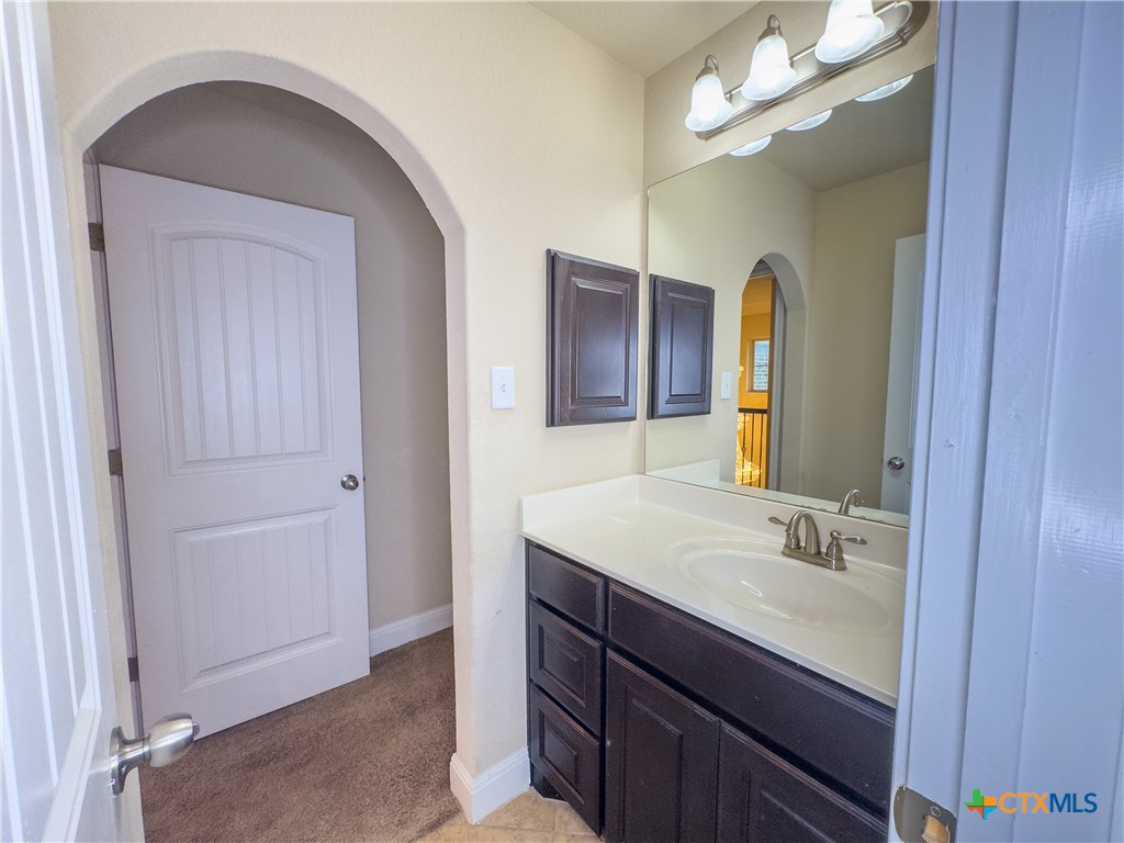 809 Alpino Cibolo, TX 78108 - Photo 29 of 29 a bathroom with a sink a light fixture and a mirror