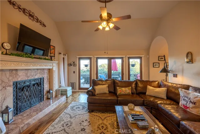a living room with furniture a fireplace and a flat screen tv