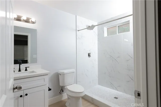 a bathroom with a shower a sink a toilet and a mirror