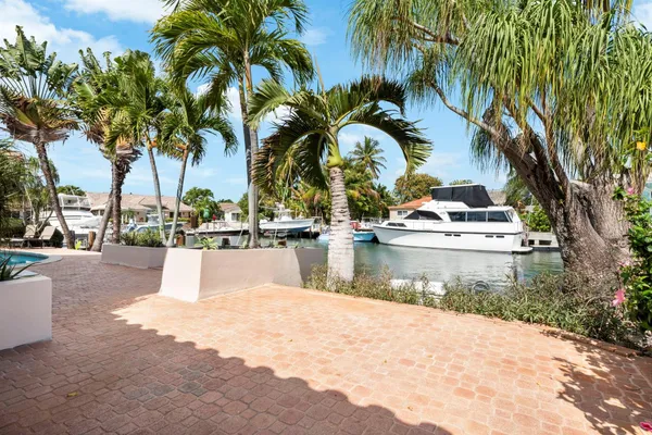 a view of a lake with boats and palm trees