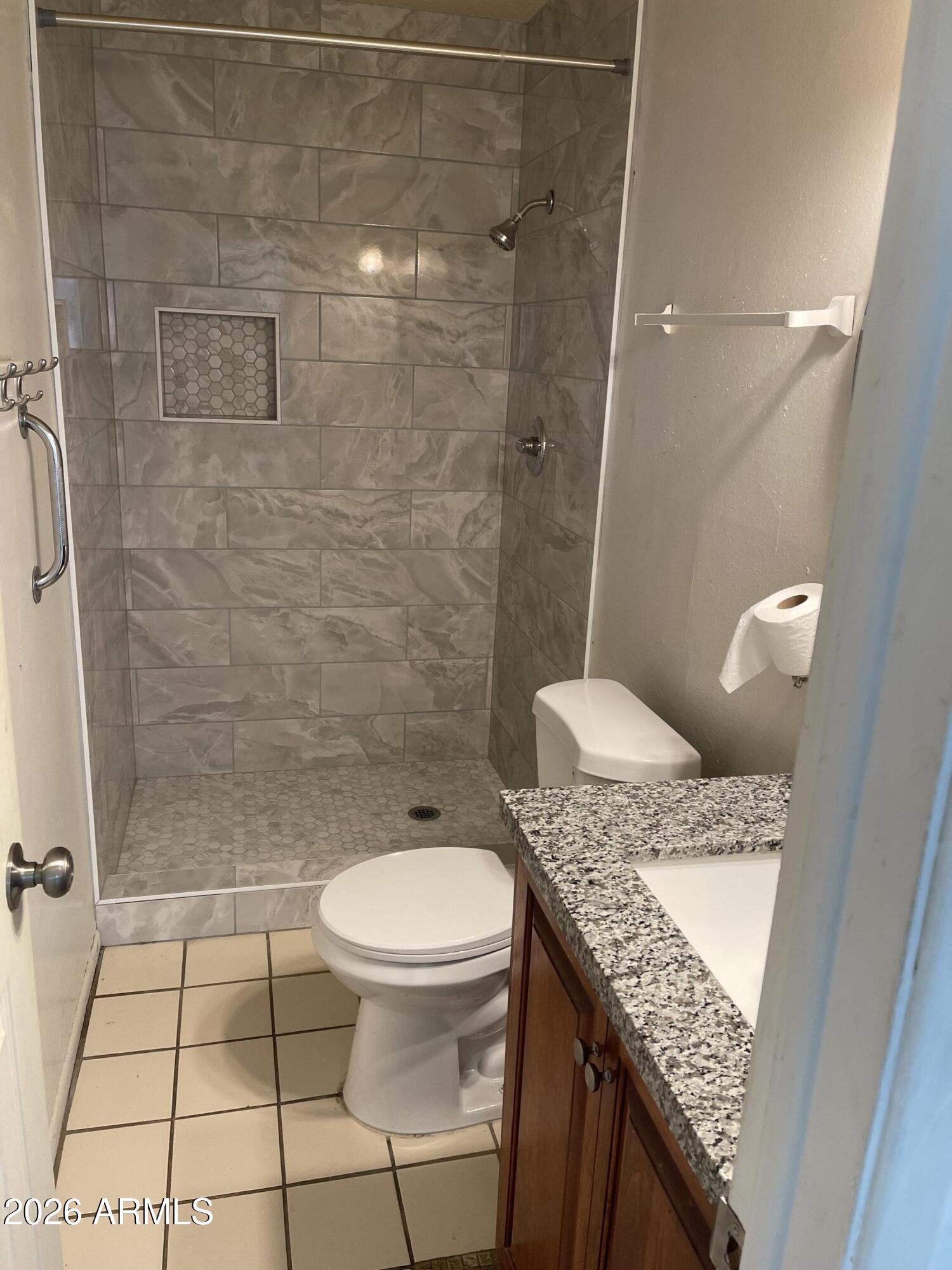 520 West McNeil Street Phoenix, AZ 85041 - Photo 15 of 18 a bathroom with a granite countertop sink a toilet and shower