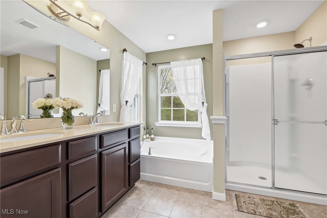 4614 Ridgestone Way Medina, OH 44256 - Photo 13 of 32 Bathroom featuring a sink, a stall shower, a garden tub, and visible vents