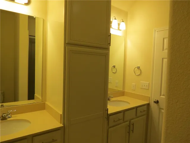 a bathroom with a sink shower and a mirror
